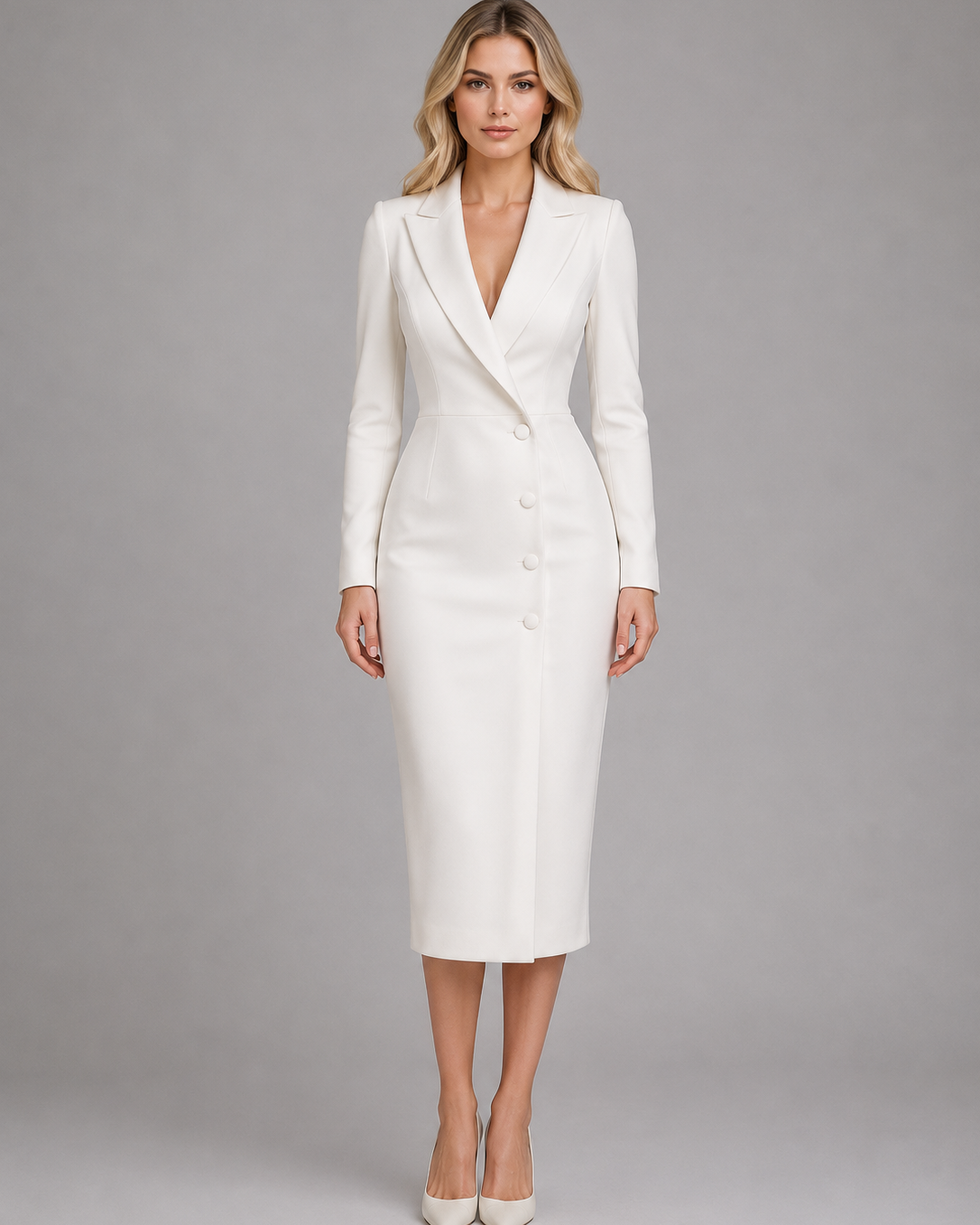 Abito Blazer Donna Midi Bianco Sartoriale da Cerimonia