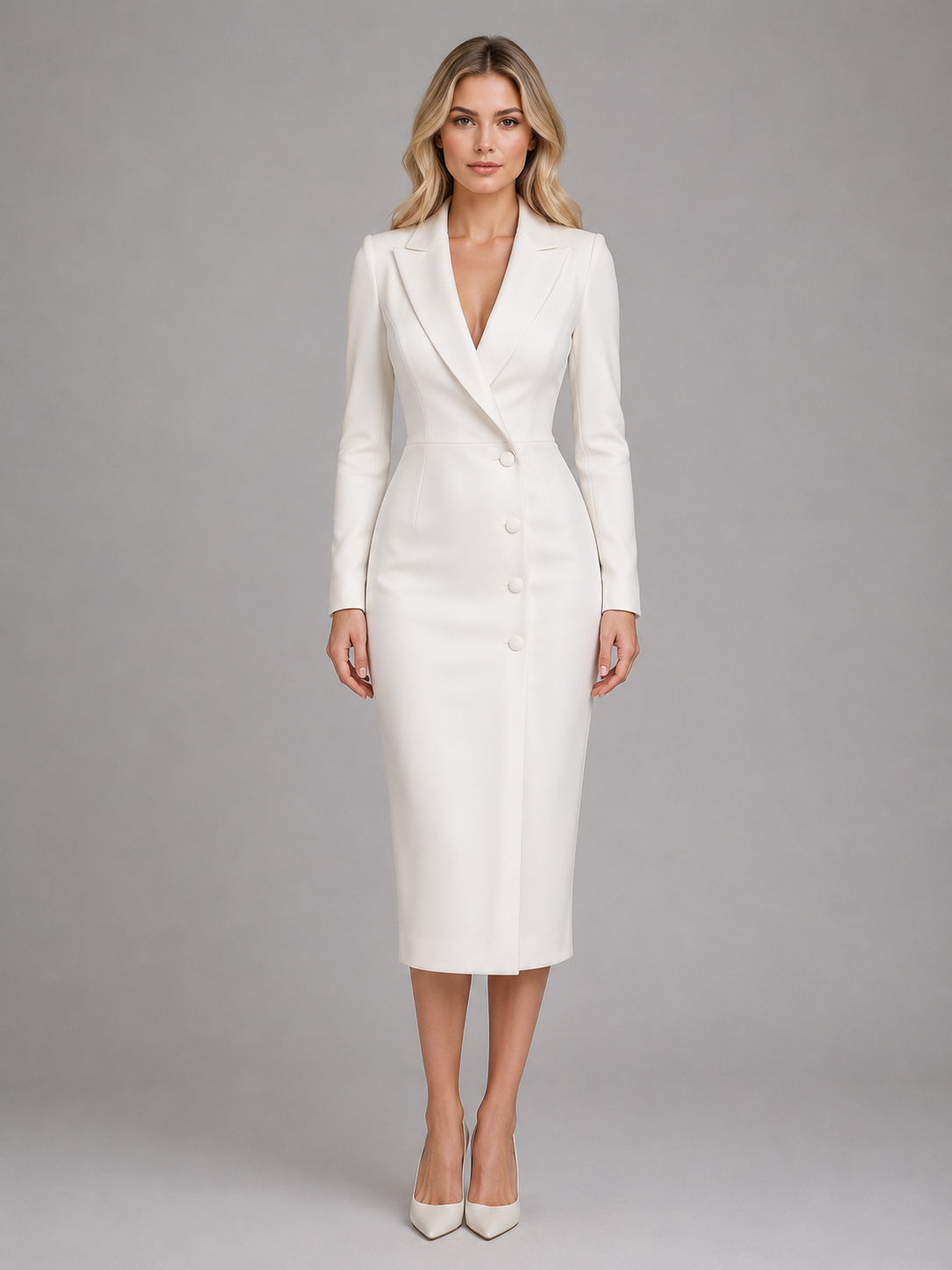 Abito Blazer Donna Midi Bianco Sartoriale da Cerimonia