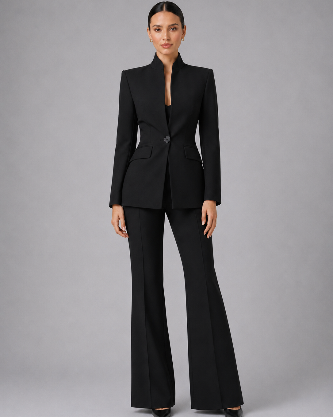 Tailleur Donna Blazer Senza Collo e Pantaloni Palazzo Minimal