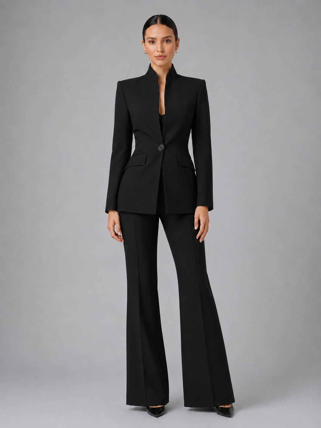Tailleur Donna Blazer Senza Collo e Pantaloni Palazzo Minimal