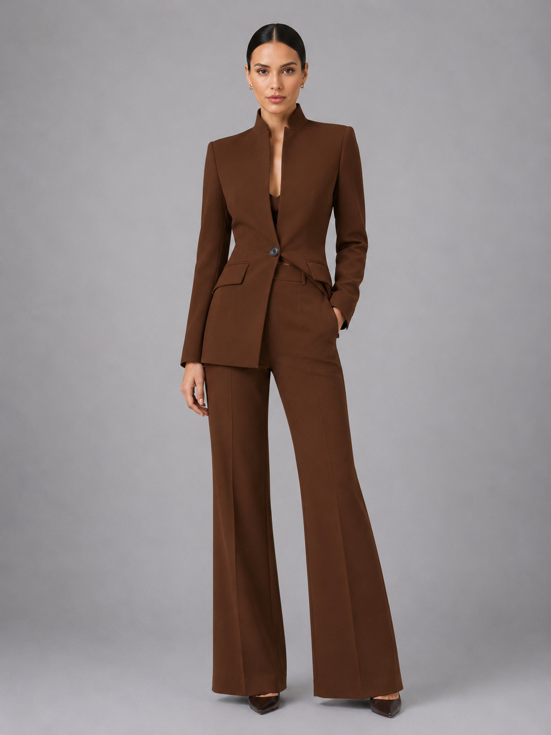 Tailleur Donna Blazer Senza Collo e Pantaloni Palazzo Minimal