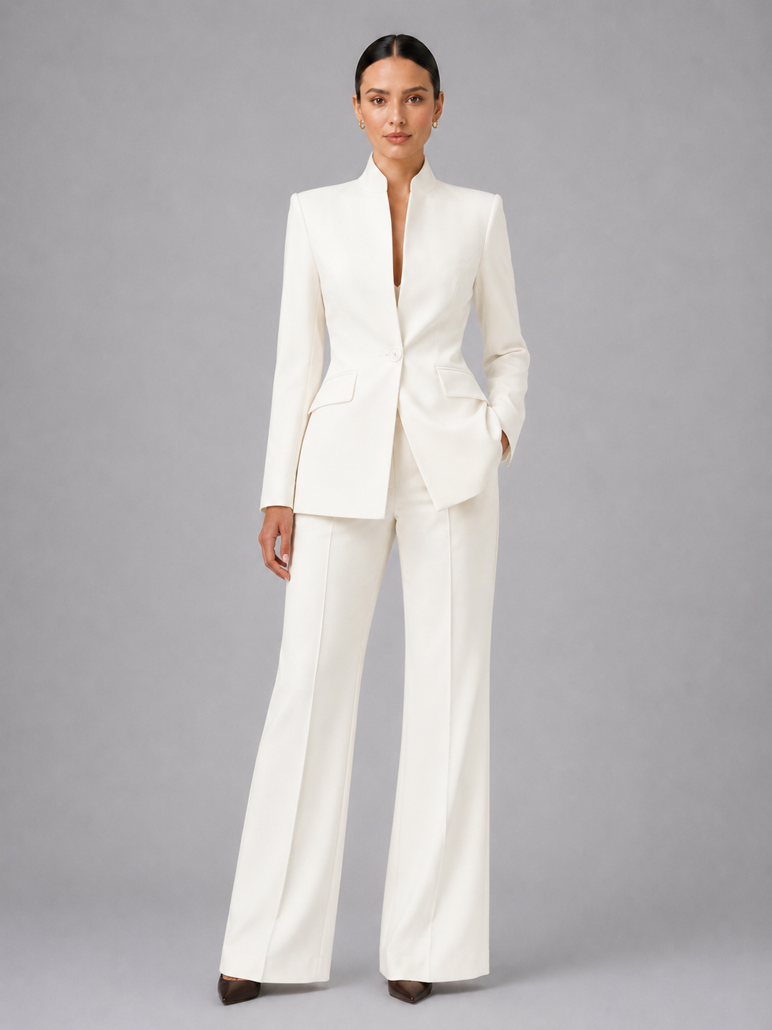 Tailleur Donna Blazer Senza Collo e Pantaloni Palazzo Minimal