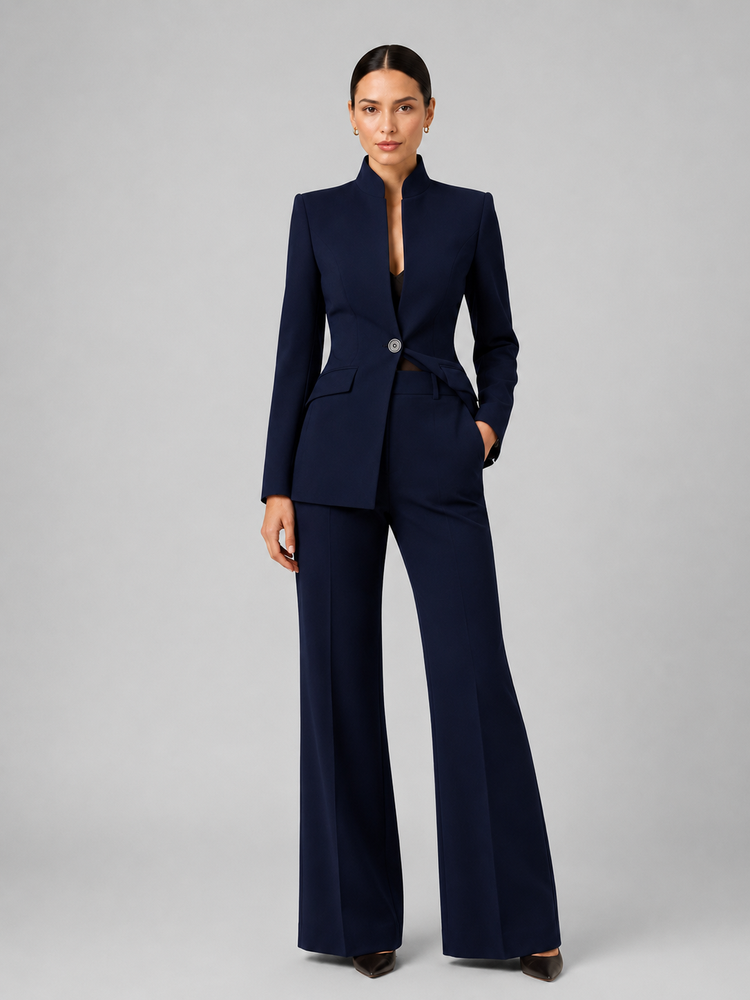 Tailleur Donna Blazer Senza Collo e Pantaloni Palazzo Minimal