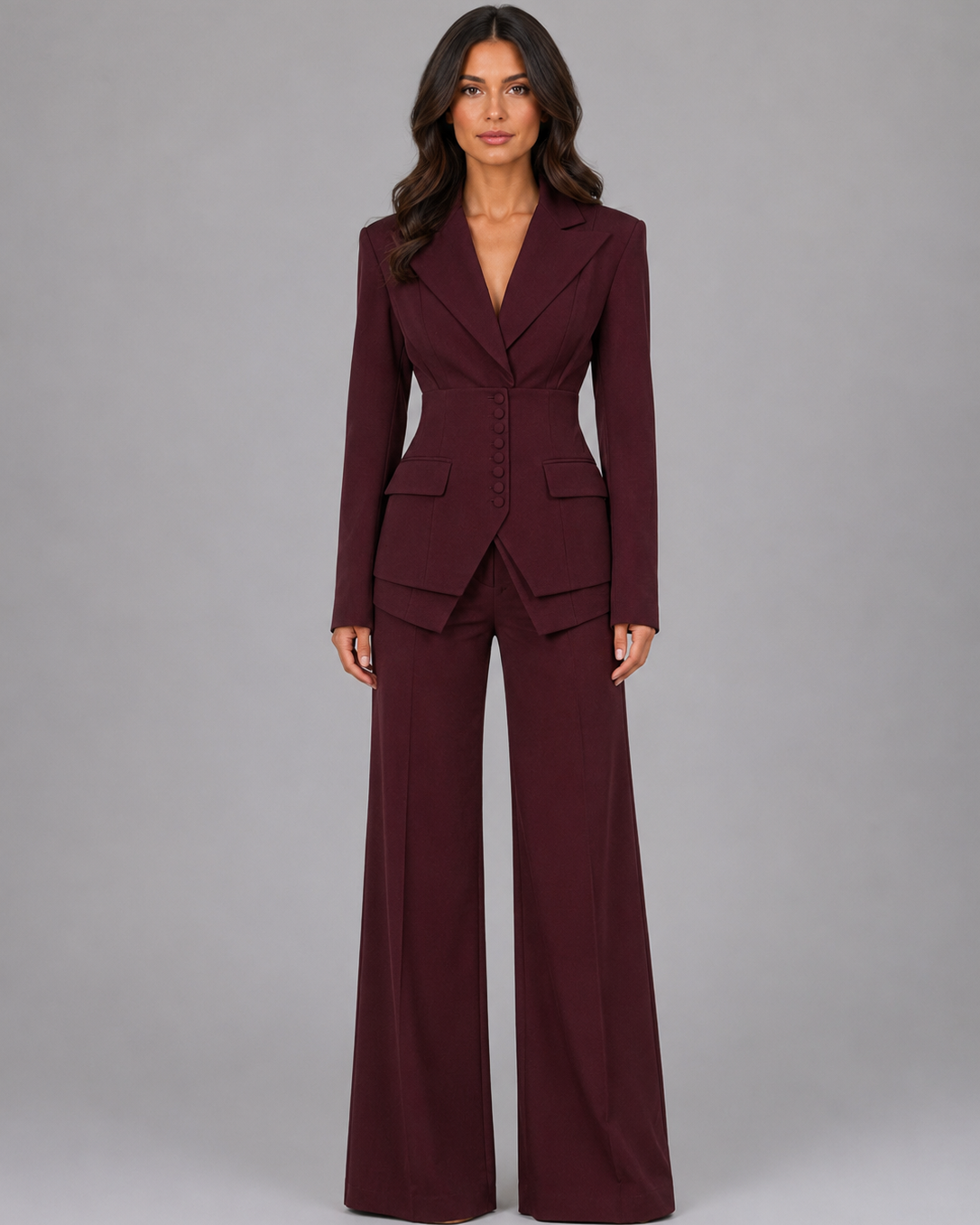 Tailleur Donna Tre Pezzi Vita Definita e Pantaloni Palazzo