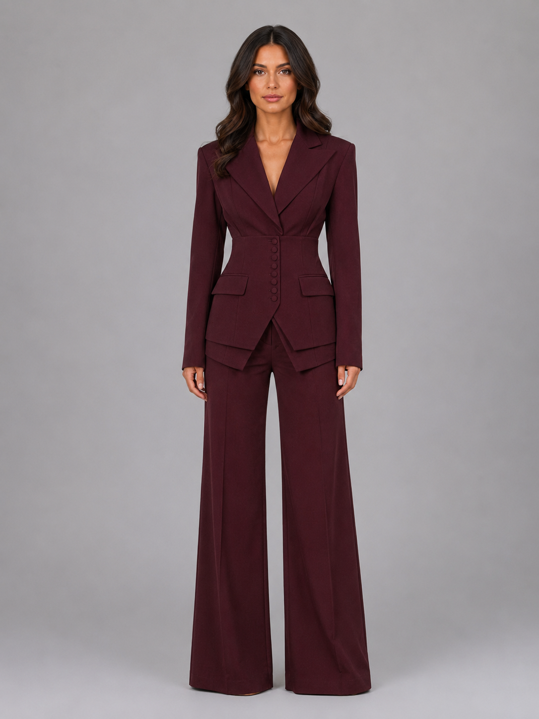 Tailleur Donna Tre Pezzi Vita Definita e Pantaloni Palazzo