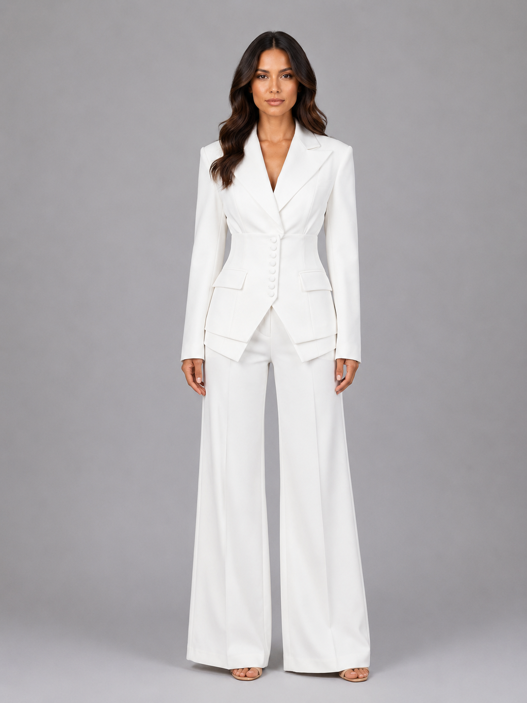 Tailleur Donna Tre Pezzi Vita Definita e Pantaloni Palazzo