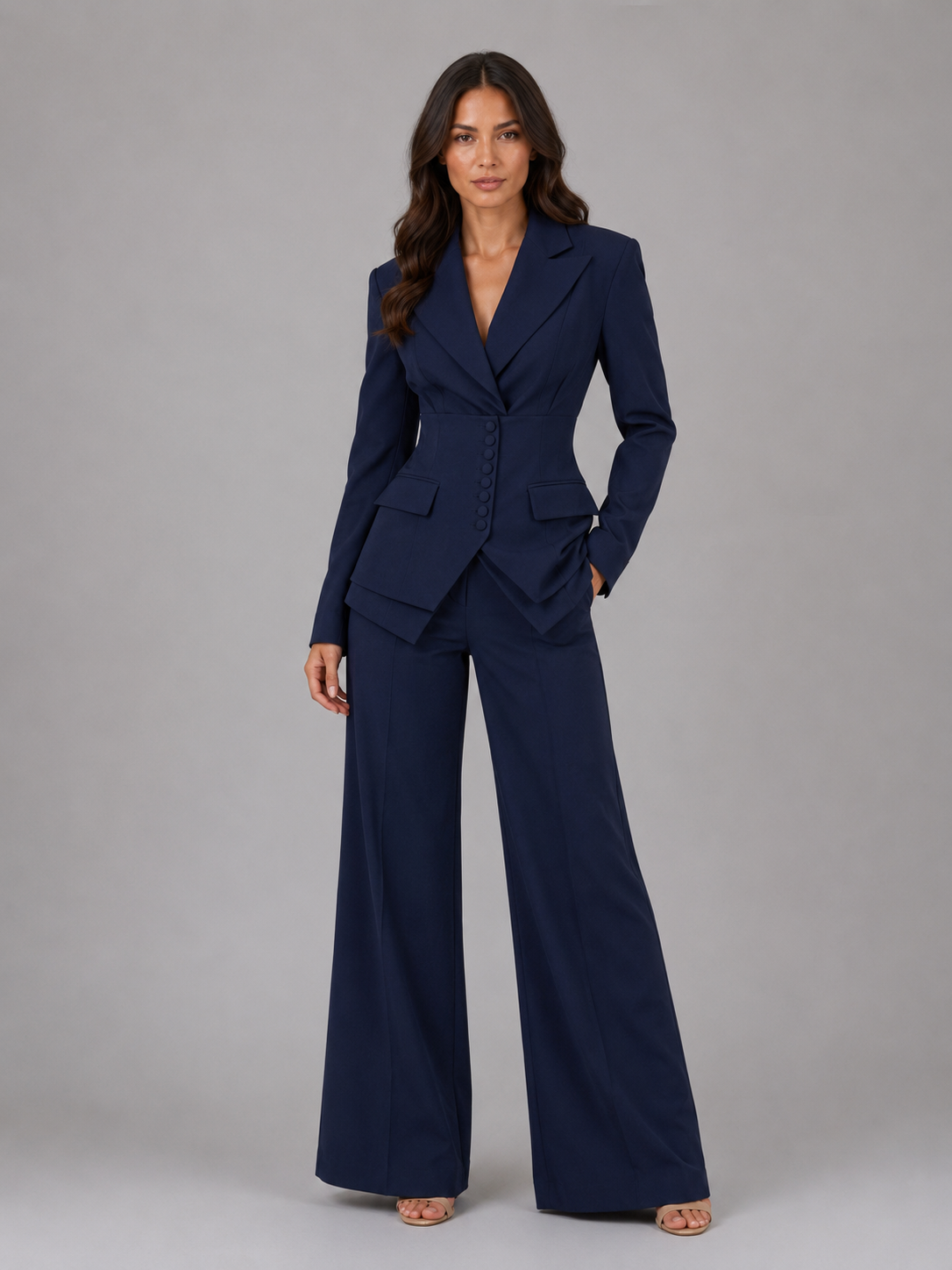 Tailleur Donna Tre Pezzi Vita Definita e Pantaloni Palazzo