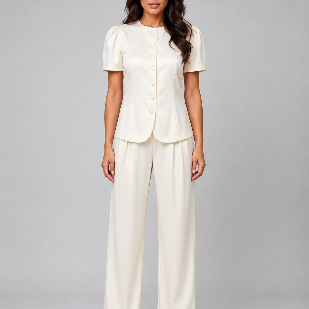 Tailleur Donna Blazer Maniche Corte e Pantaloni Gamba Ampia