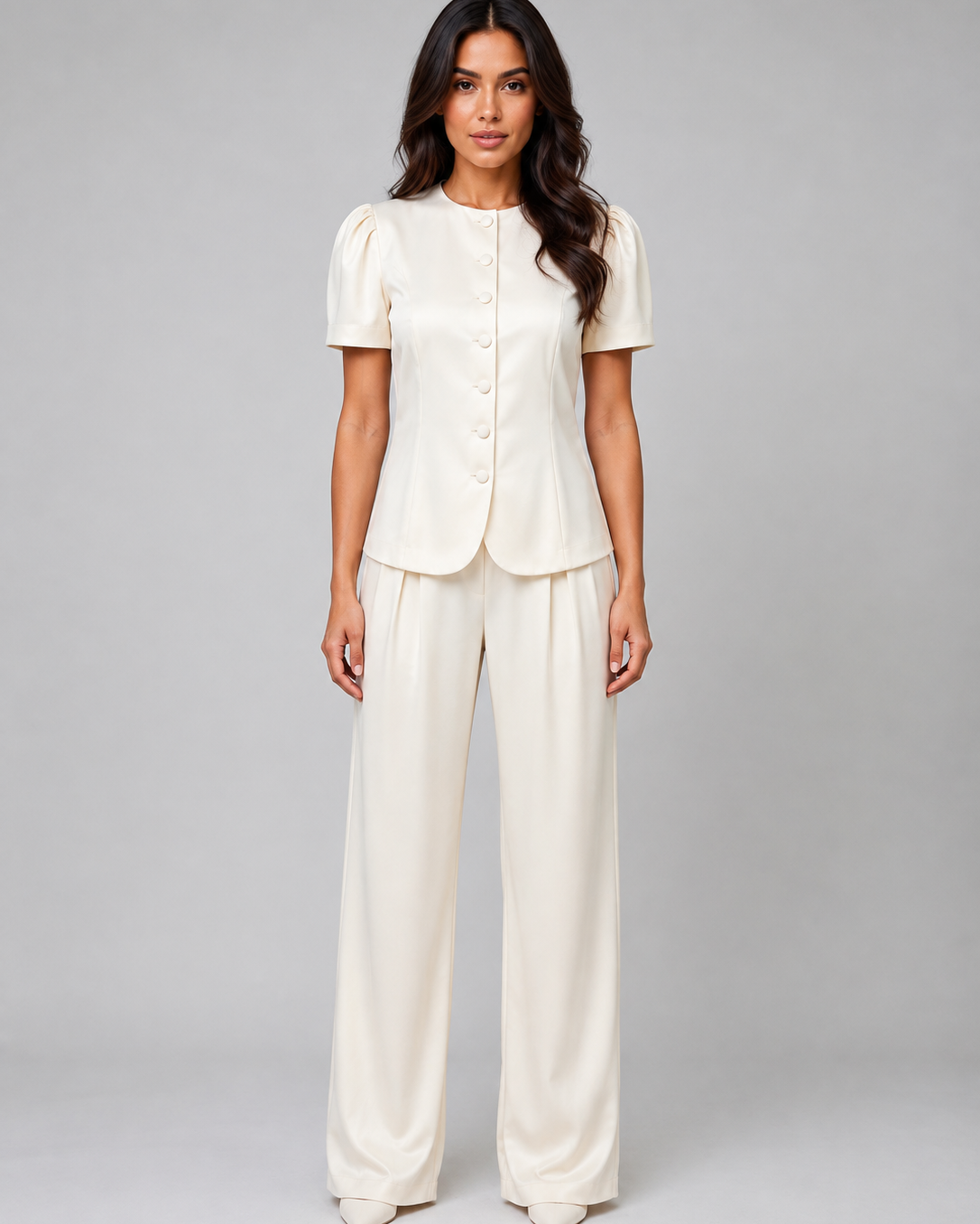 Tailleur Donna Blazer Maniche Corte e Pantaloni Gamba Ampia