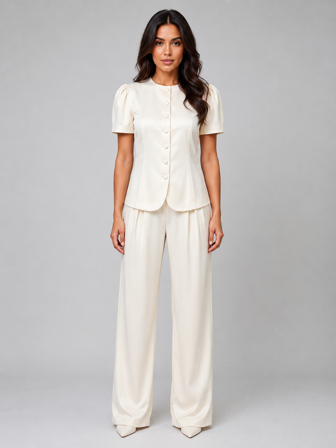 Tailleur Donna Blazer Maniche Corte e Pantaloni Gamba Ampia