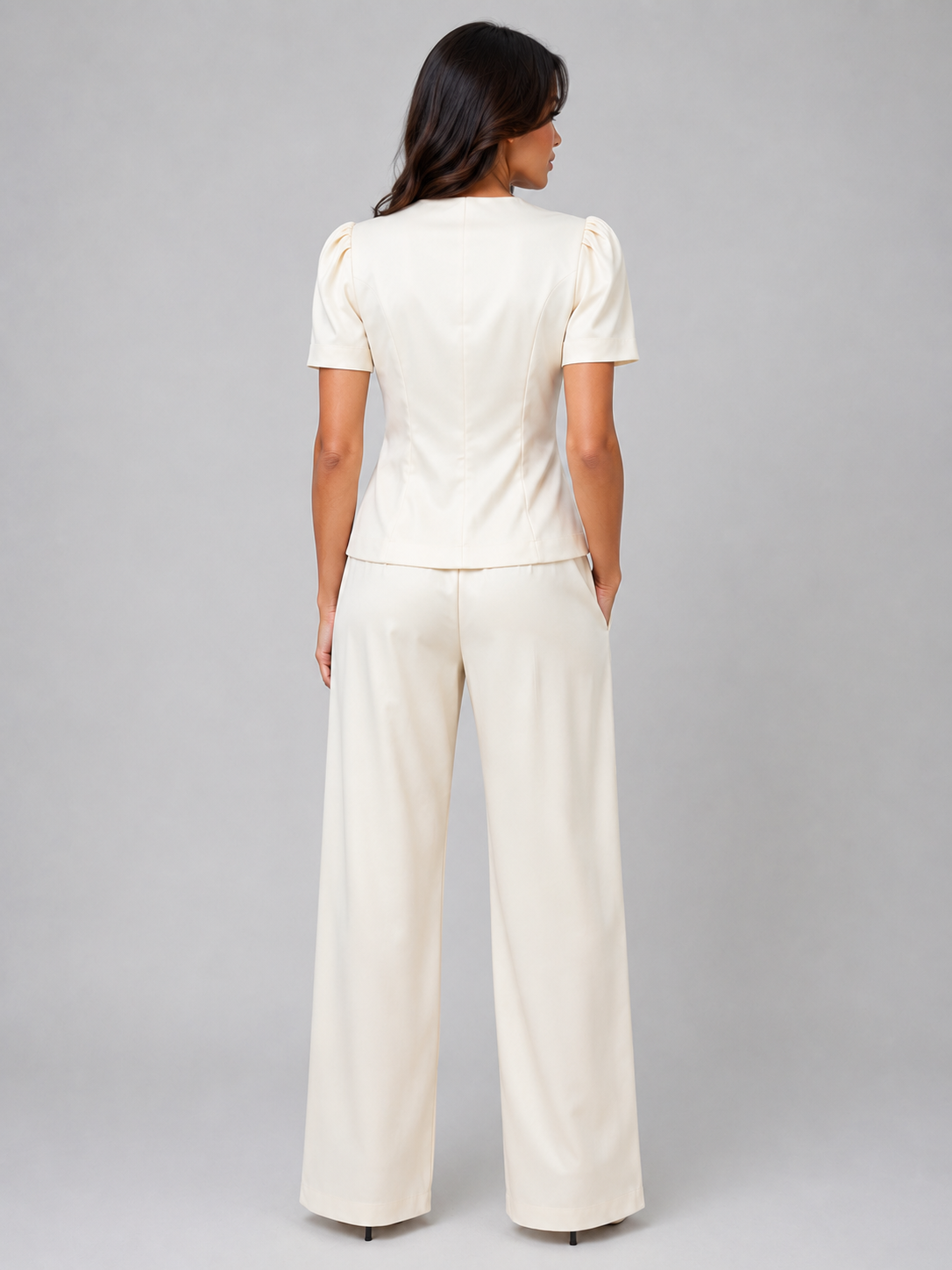 Tailleur Donna Blazer Maniche Corte e Pantaloni Gamba Ampia