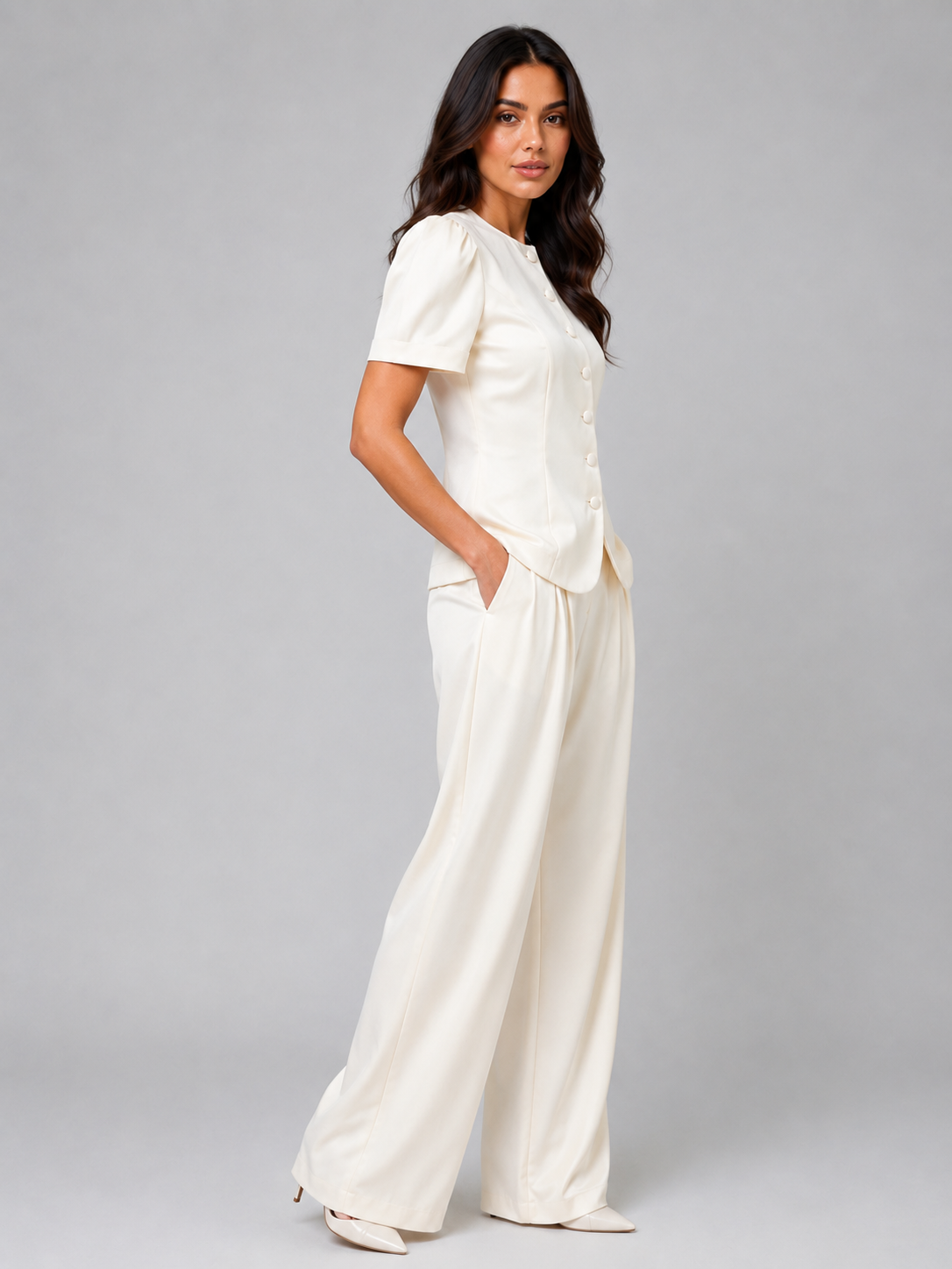 Tailleur Donna Blazer Maniche Corte e Pantaloni Gamba Ampia
