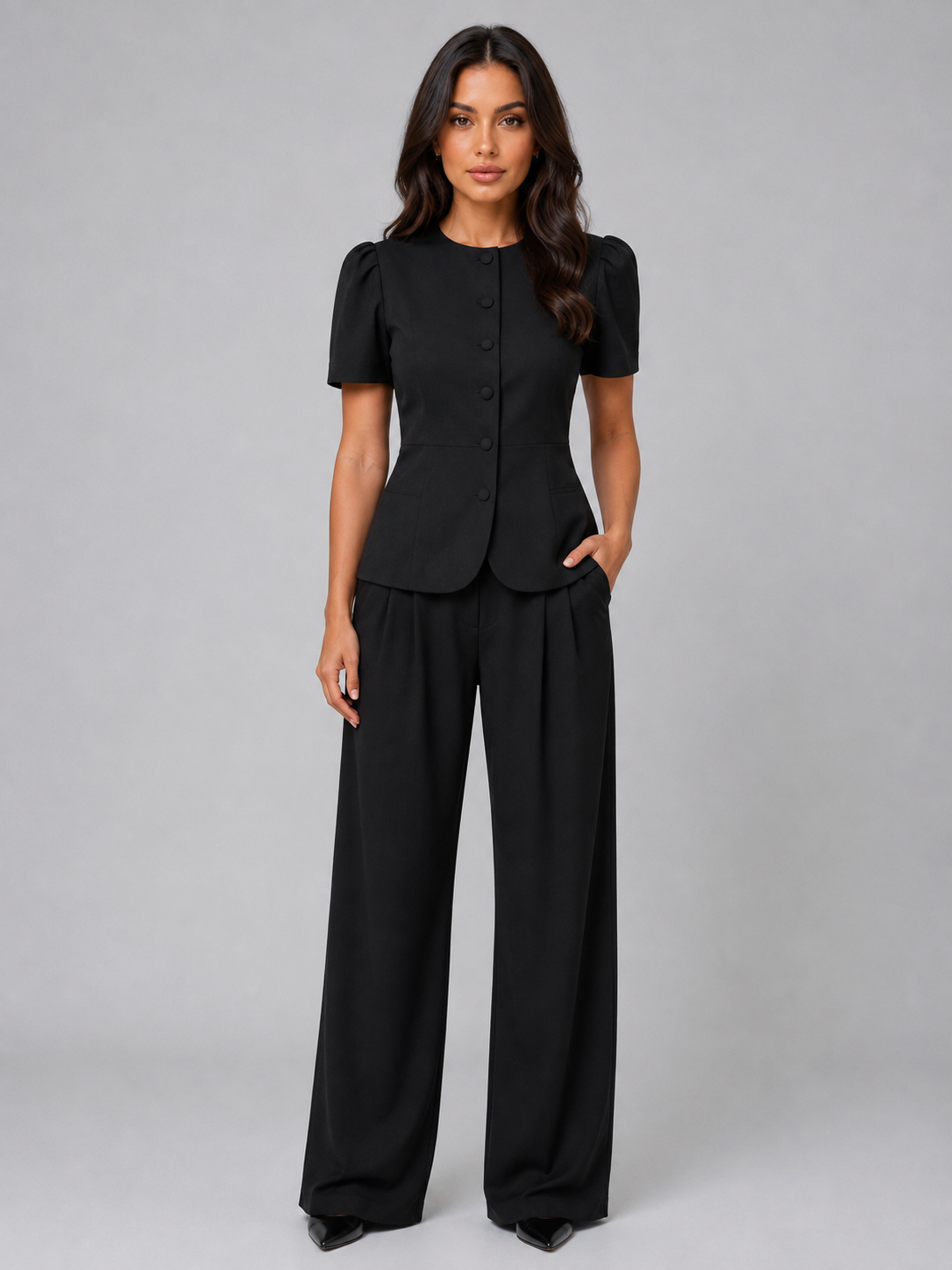 Tailleur Donna Blazer Maniche Corte e Pantaloni Gamba Ampia