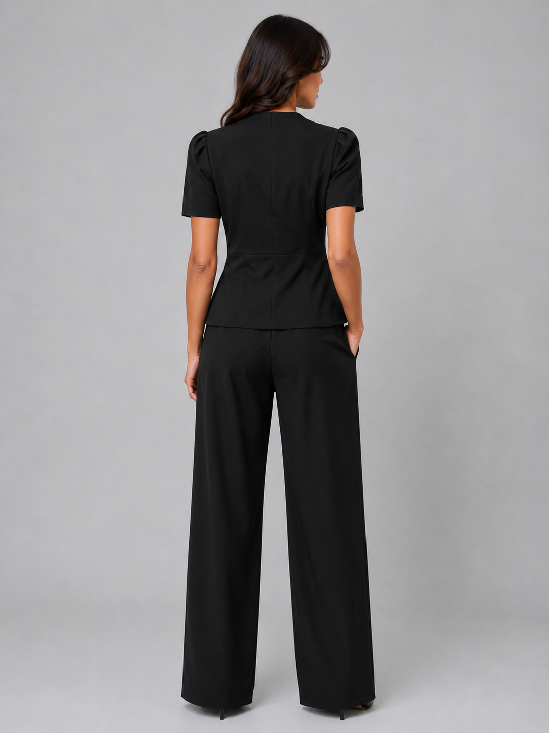 Tailleur Donna Blazer Maniche Corte e Pantaloni Gamba Ampia
