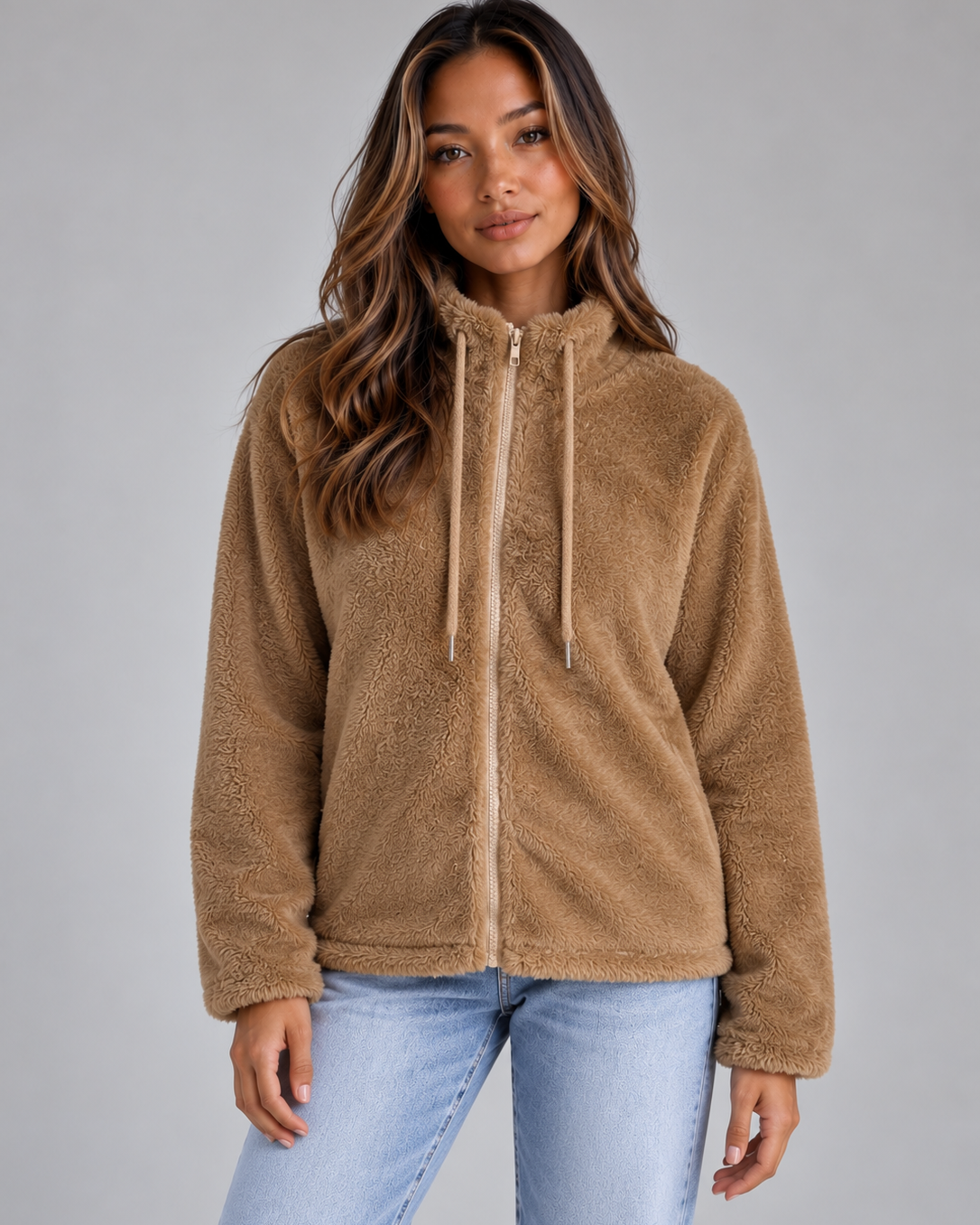 Giacca Donna in Pile Teddy con Zip e Collo Alto