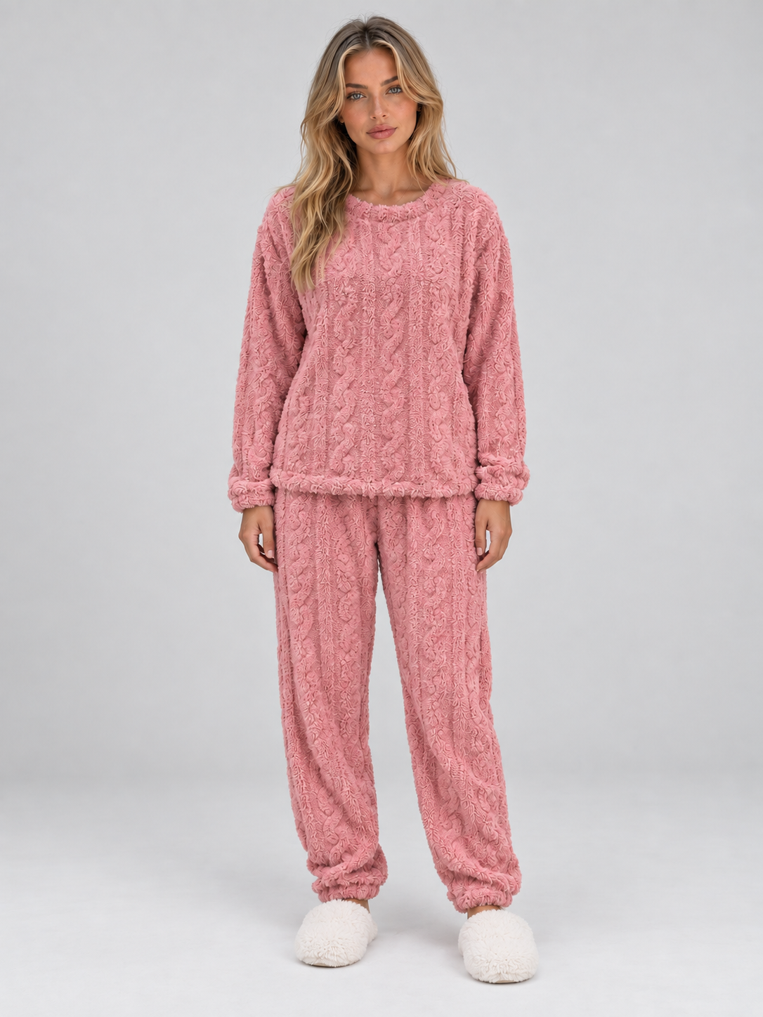 Pigiama Donna Termico in Pile Effetto Trecce Top e Pantaloni