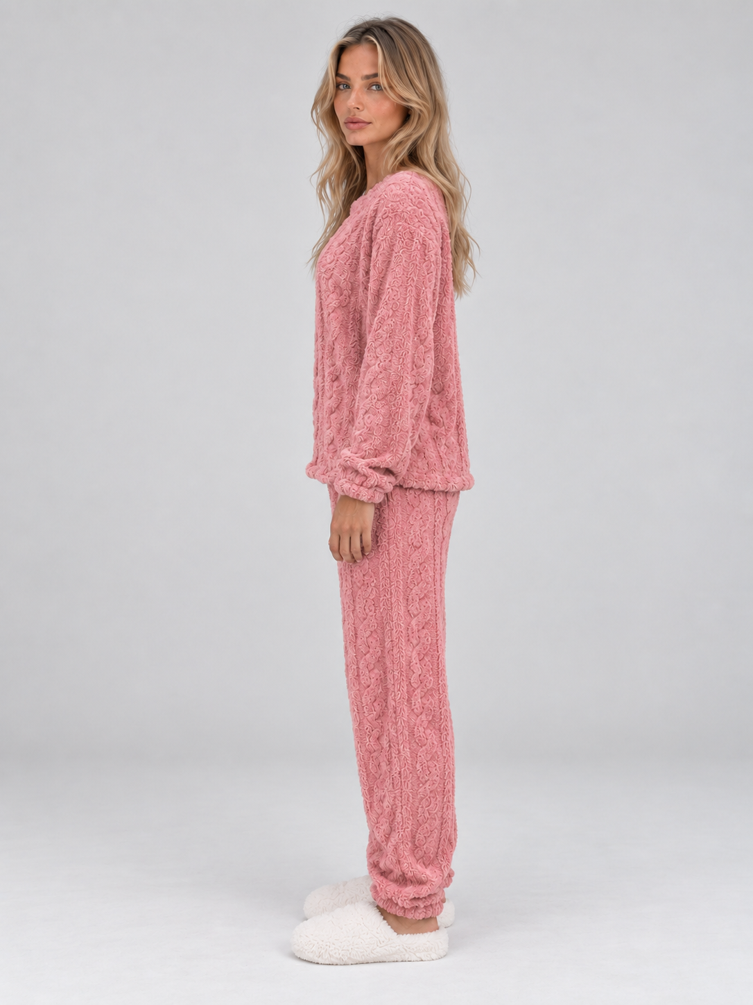 Pigiama Donna Termico in Pile Effetto Trecce Top e Pantaloni