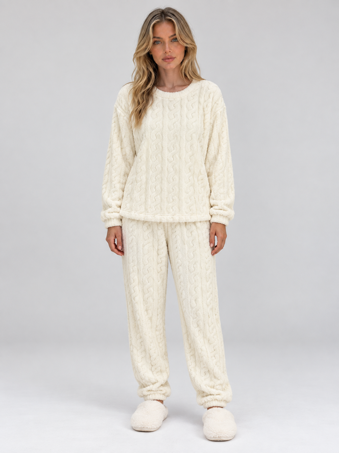 Pigiama Donna Termico in Pile Effetto Trecce Top e Pantaloni