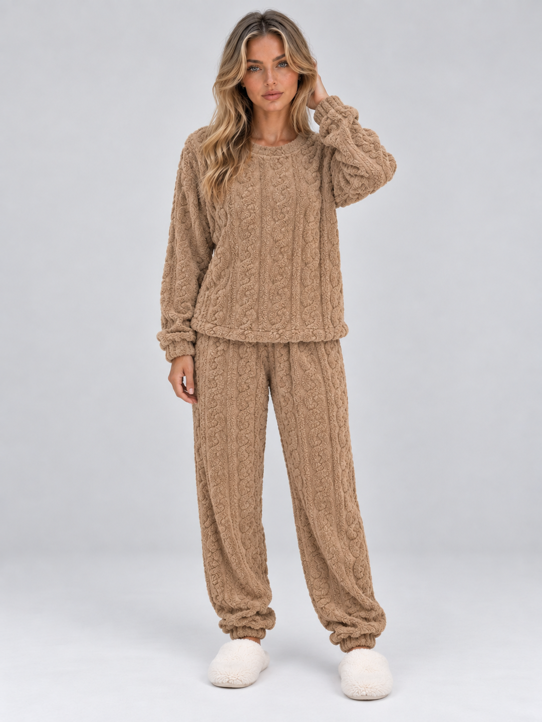 Pigiama Donna Termico in Pile Effetto Trecce Top e Pantaloni