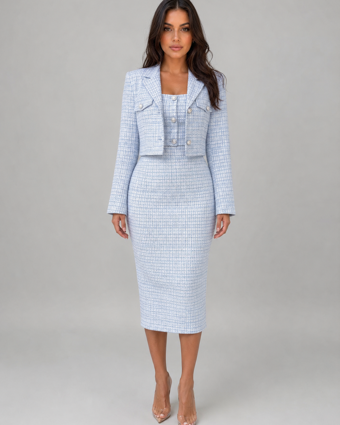 Completo Donna in Tweed Abito Midi e Blazer Corto