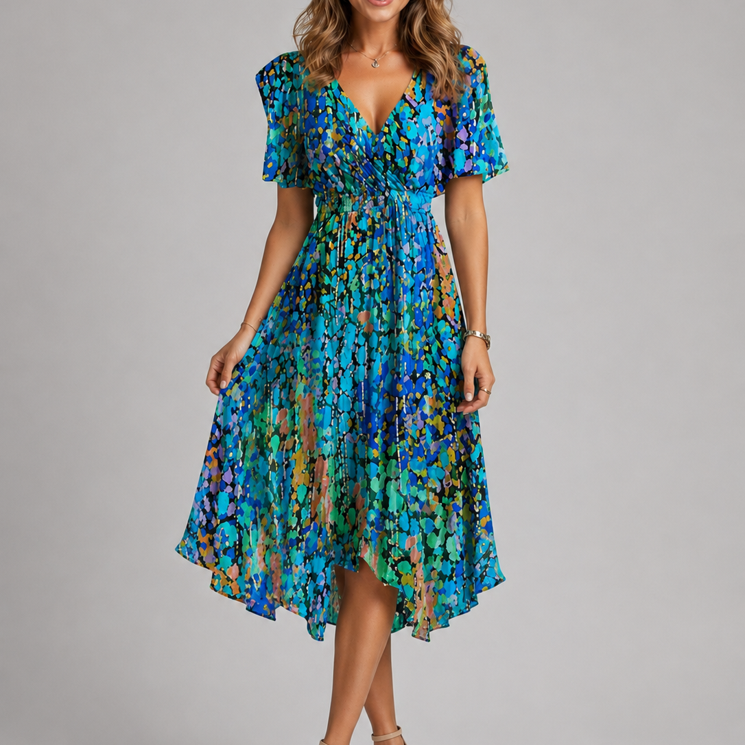 Abito Midi Donna Floreale Scollo a V Maniche a Volant
