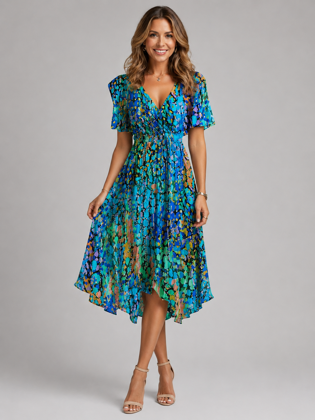 Abito Midi Donna Floreale Scollo a V Maniche a Volant