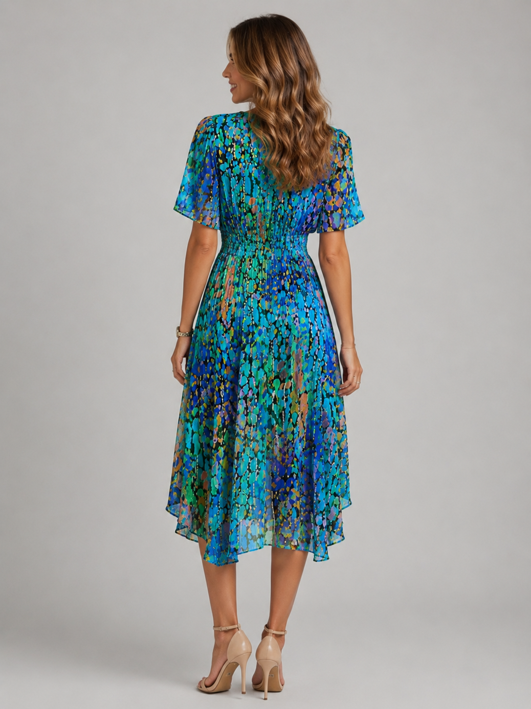 Abito Midi Donna Floreale Scollo a V Maniche a Volant