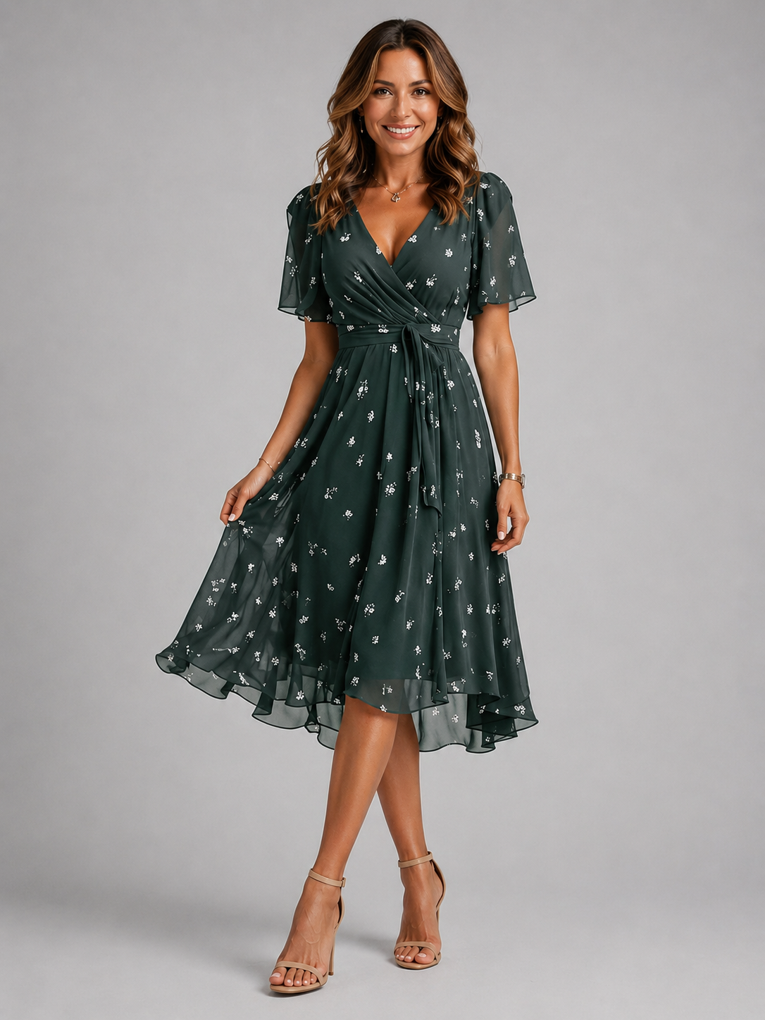 Abito Midi Donna Floreale Scollo a V Maniche a Volant