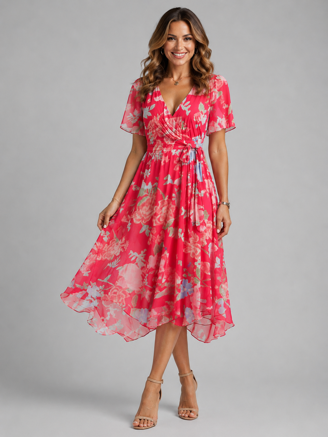 Abito Midi Donna Floreale Scollo a V Maniche a Volant