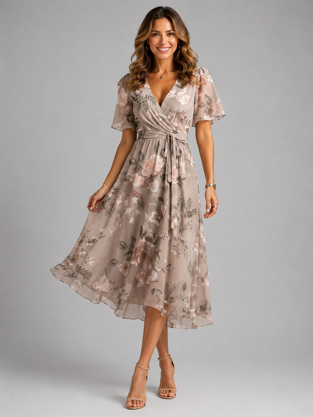 Abito Midi Donna Floreale Scollo a V Maniche a Volant