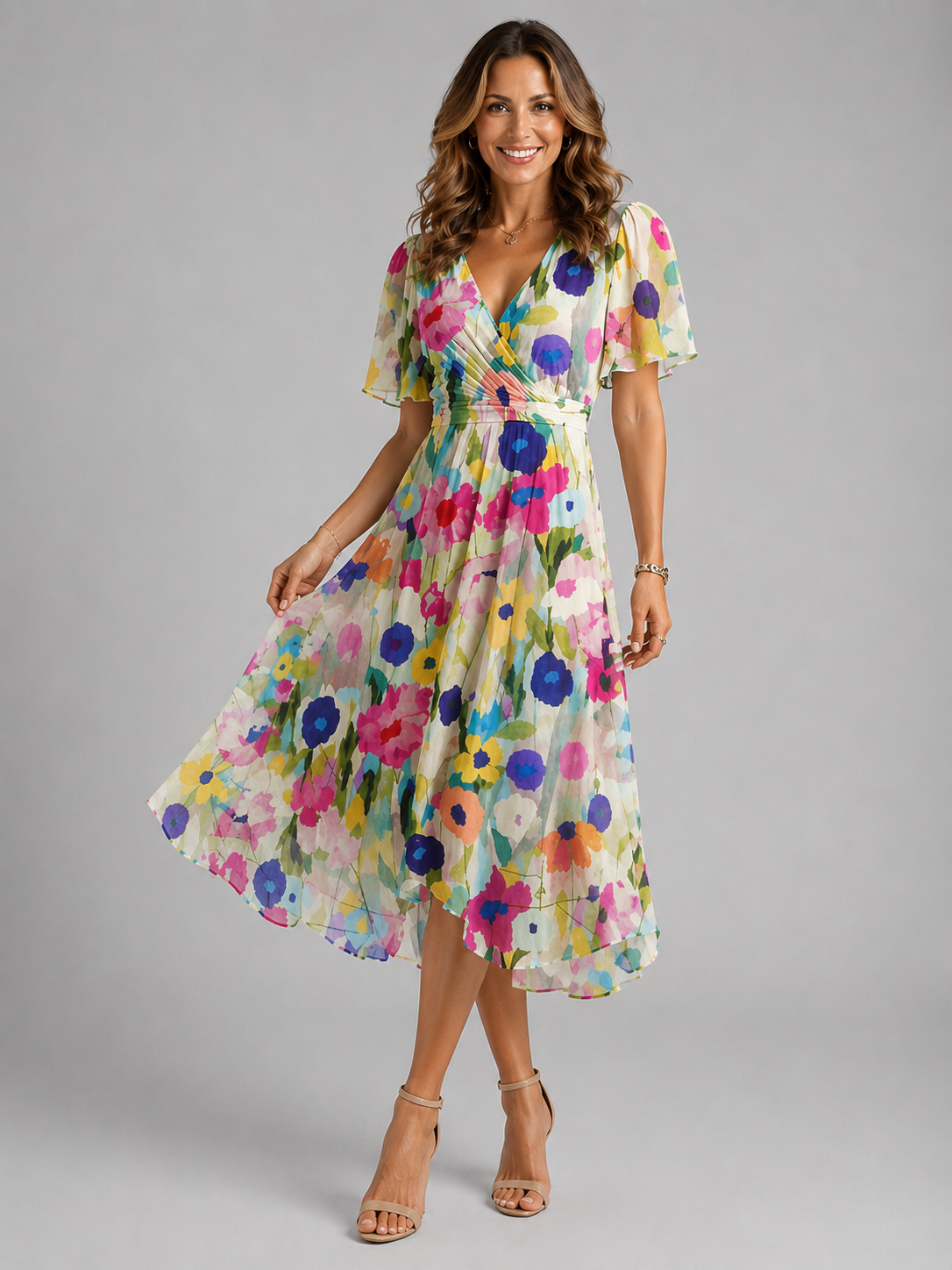 Abito Midi Donna Floreale Scollo a V Maniche a Volant