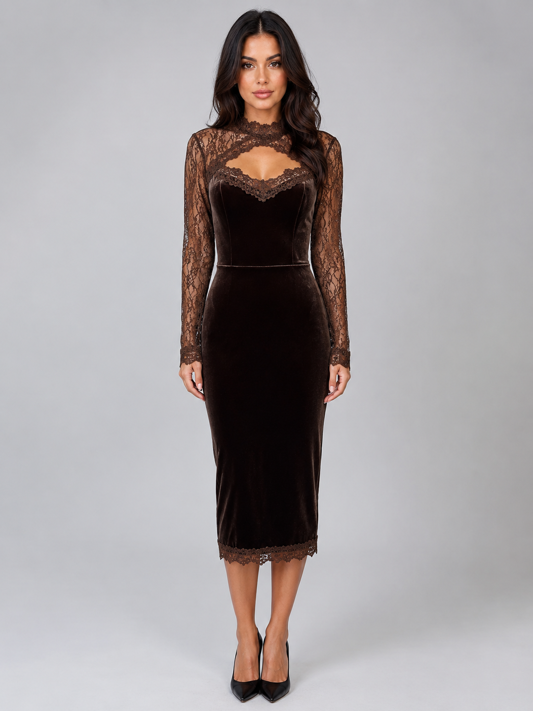 Abito Midi Donna in Velluto e Pizzo Cut-Out da Sera