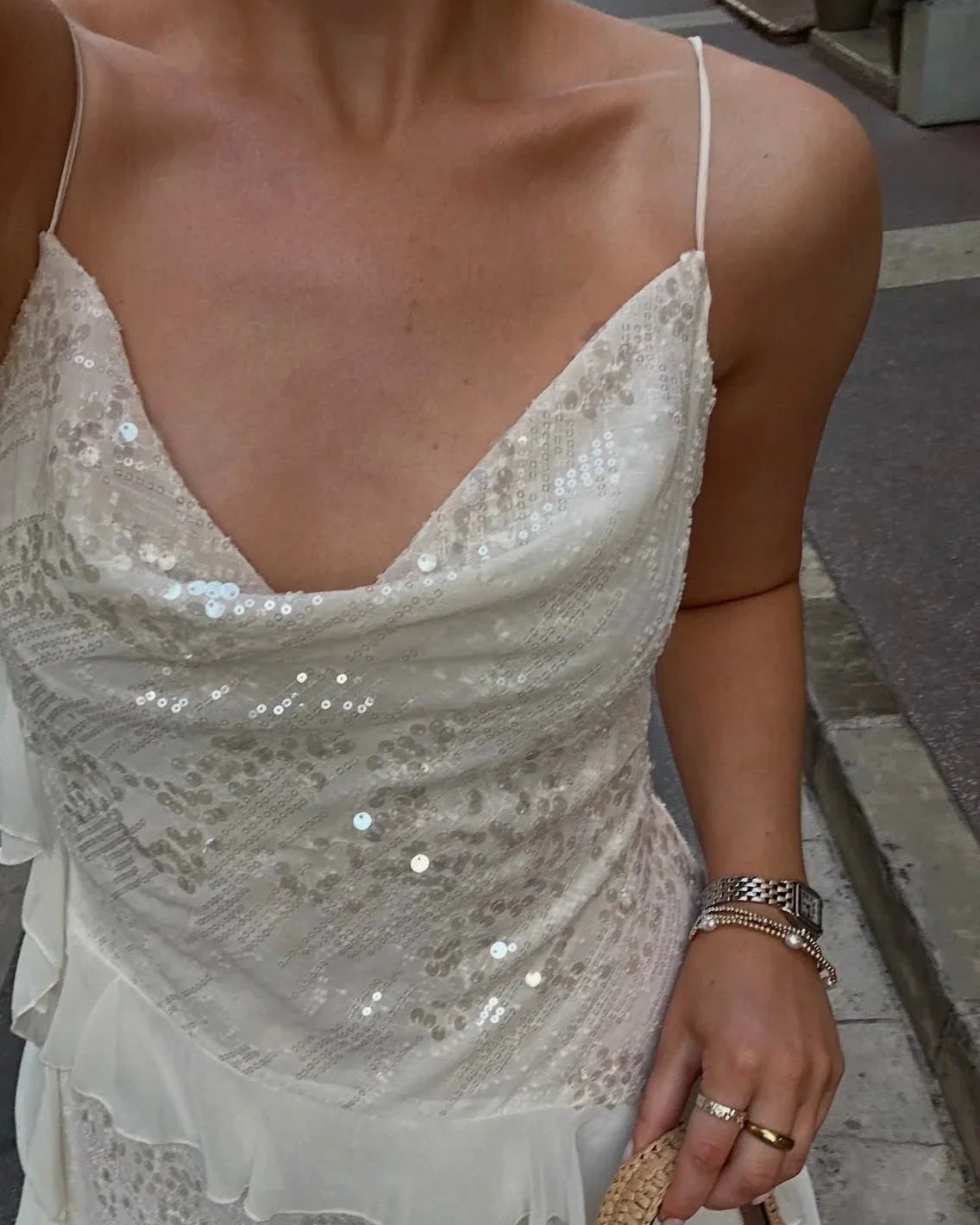 Abito Donna Corto in Paillettes Aderente da Sera Volant Asimmetrici