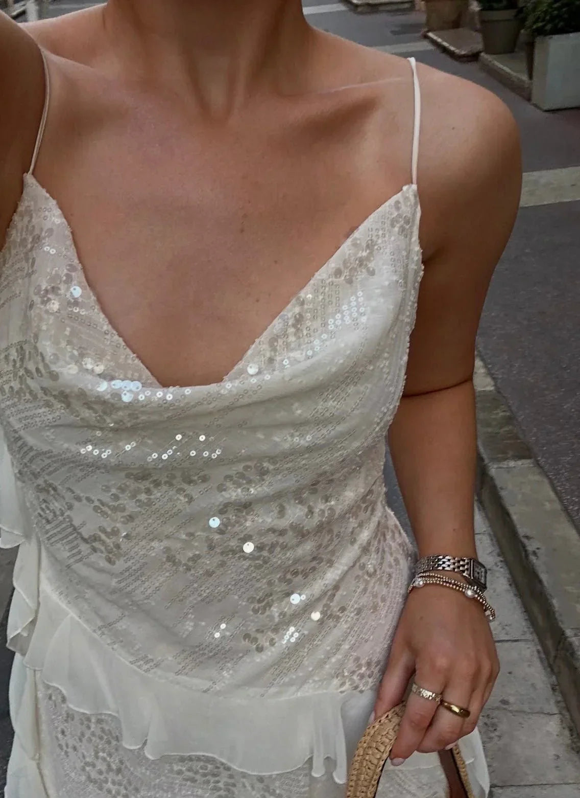 Abito Donna Corto in Paillettes Aderente da Sera Volant Asimmetrici