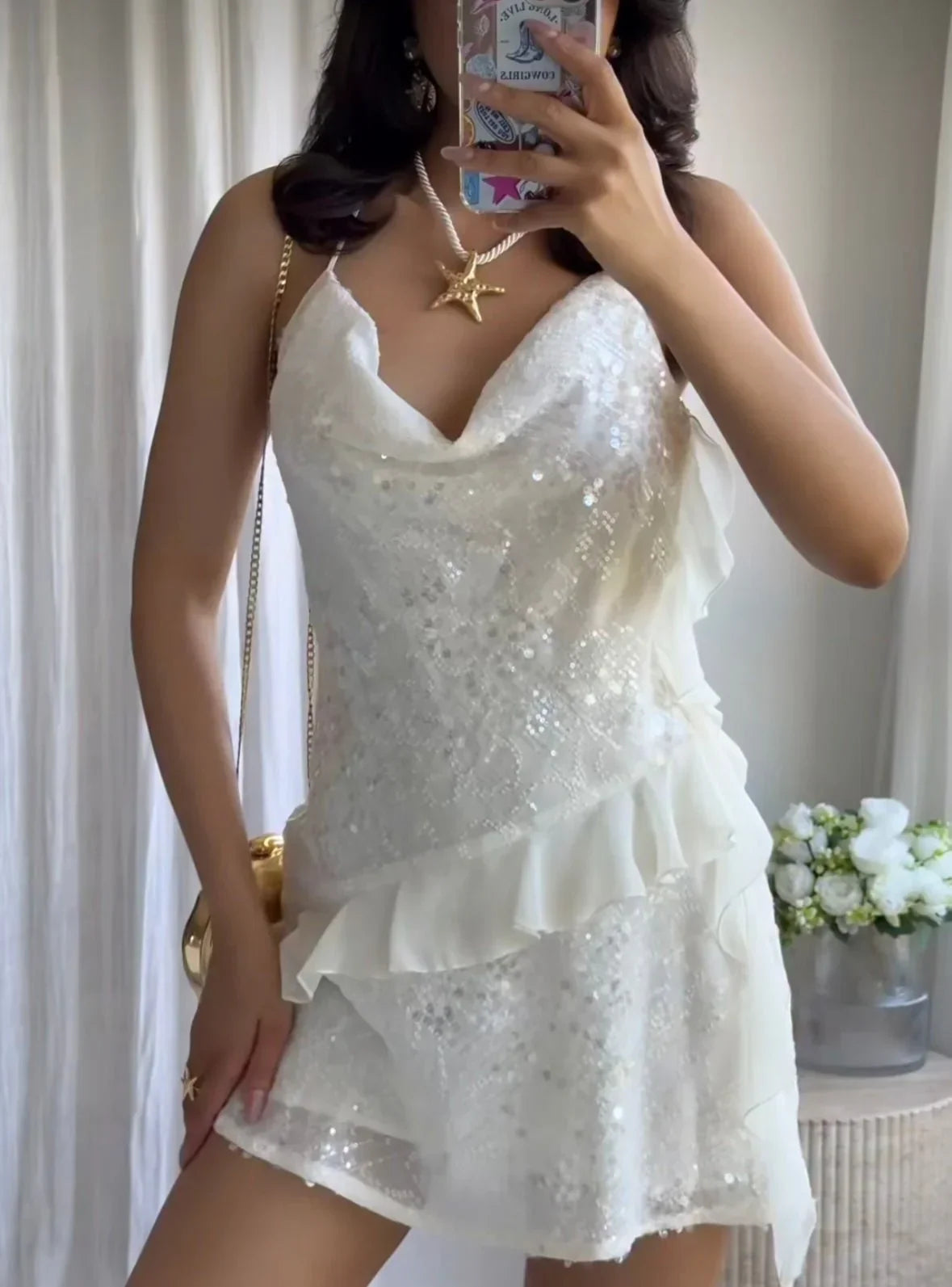 Abito Donna Corto in Paillettes Aderente da Sera Volant Asimmetrici