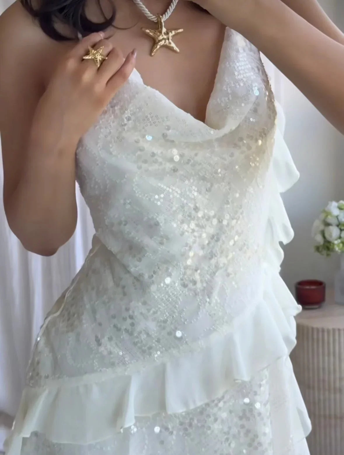 Abito Donna Corto in Paillettes Aderente da Sera Volant Asimmetrici