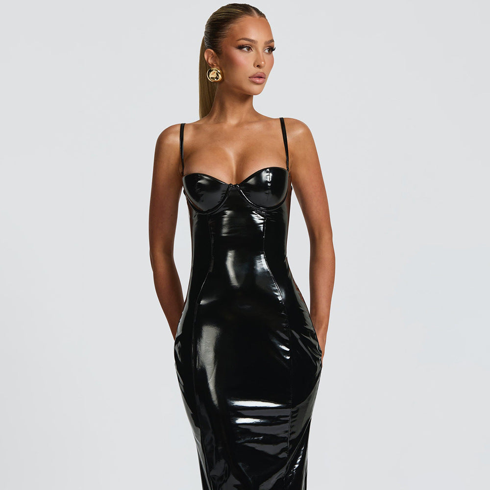 Abito Donna Midi Lucido da Sera Scollo a Cuore Spacco Posteriore