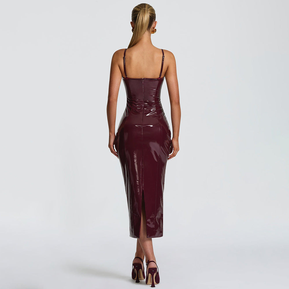 Abito Donna Midi Lucido da Sera Scollo a Cuore Spacco Posteriore