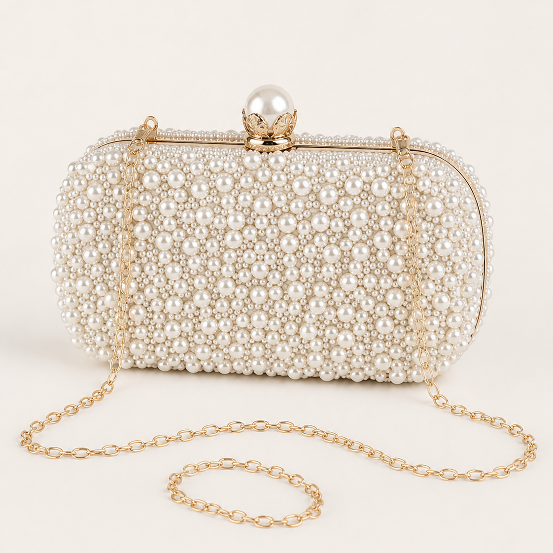 Pochette Donna con Perle Chiusura a Clic Clac e Catena
