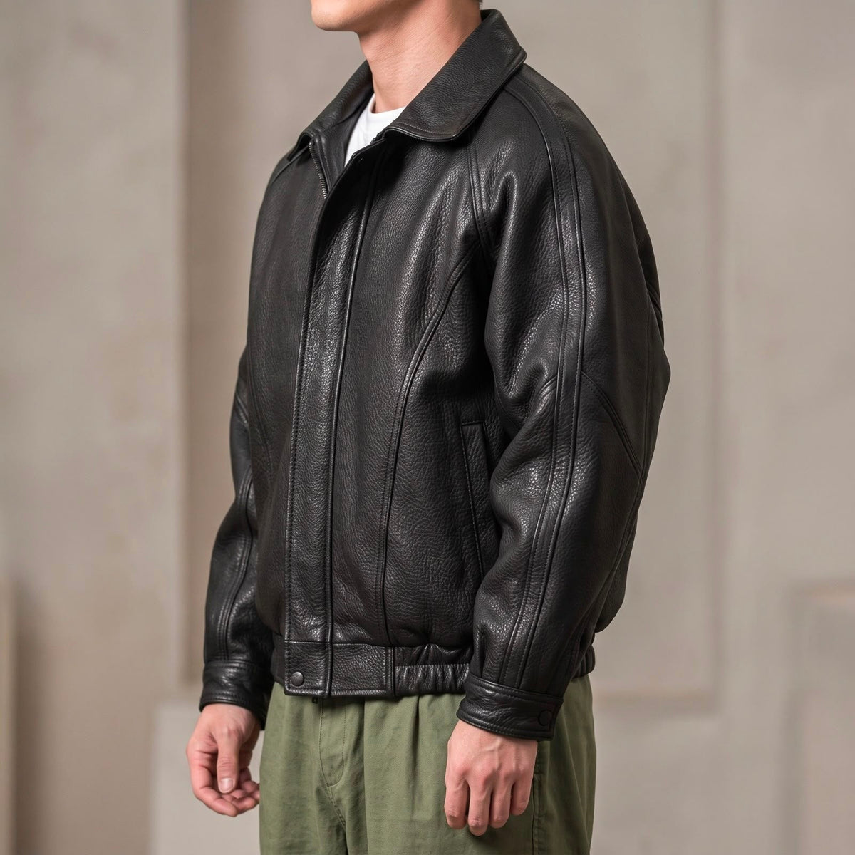 Giacca Uomo in Pelle Vegana Nera con Zip e Orlo Elastico