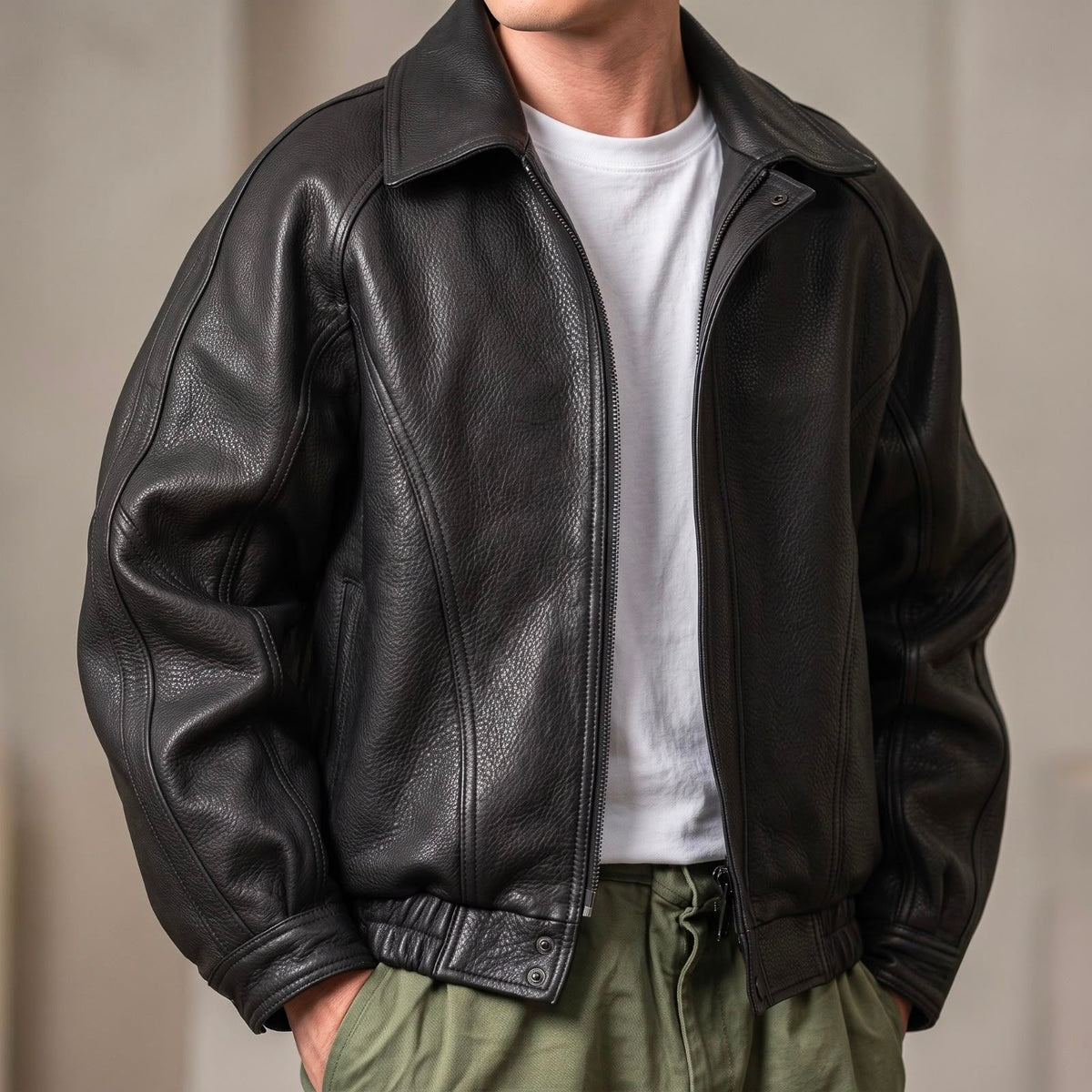 Giacca Uomo in Pelle Vegana Nera con Zip e Orlo Elastico