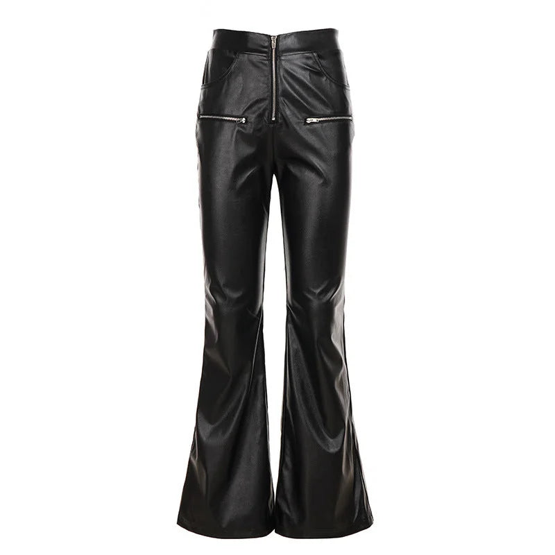 Pantaloni Donna Effetto Pelle a Zampa Vita Alta con Zip Neri