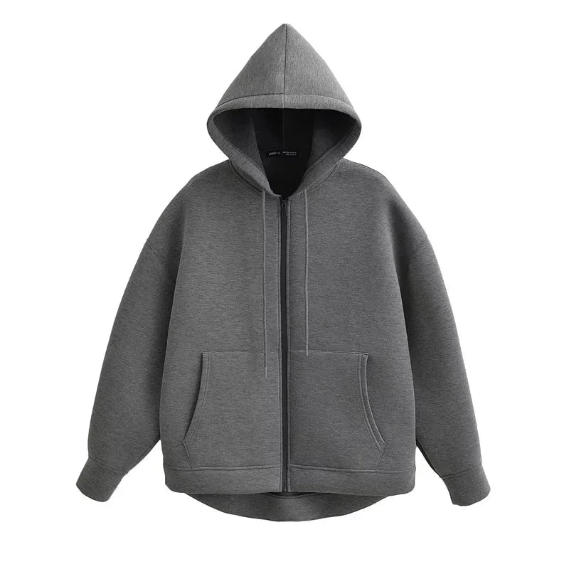 Felpa Donna con Cappuccio Zip Intera Oversize Coulisse Tasche