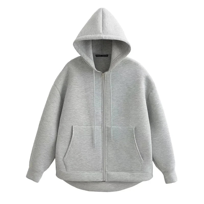Felpa Donna con Cappuccio Zip Intera Oversize Coulisse Tasche