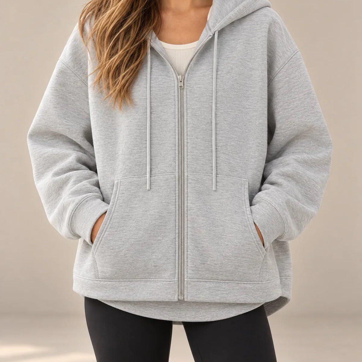 Felpa Donna con Cappuccio Zip Intera Oversize Coulisse Tasche