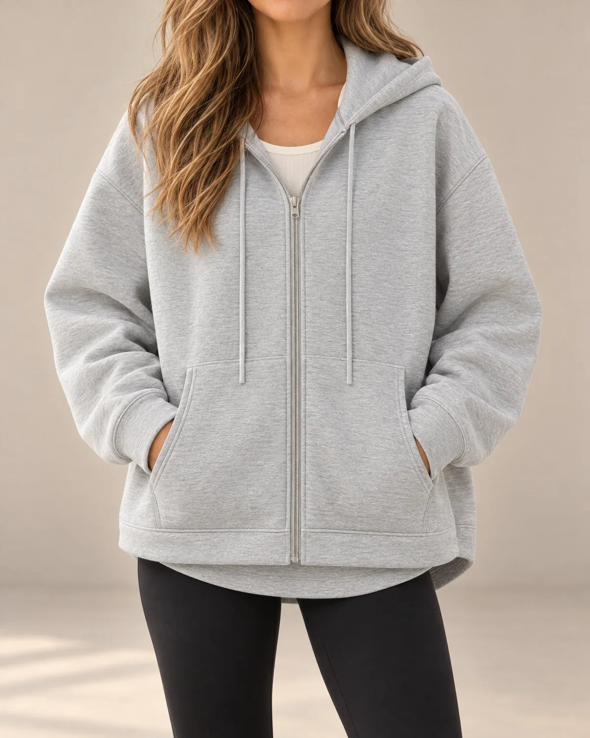 Felpa Donna con Cappuccio Zip Intera Oversize Coulisse Tasche