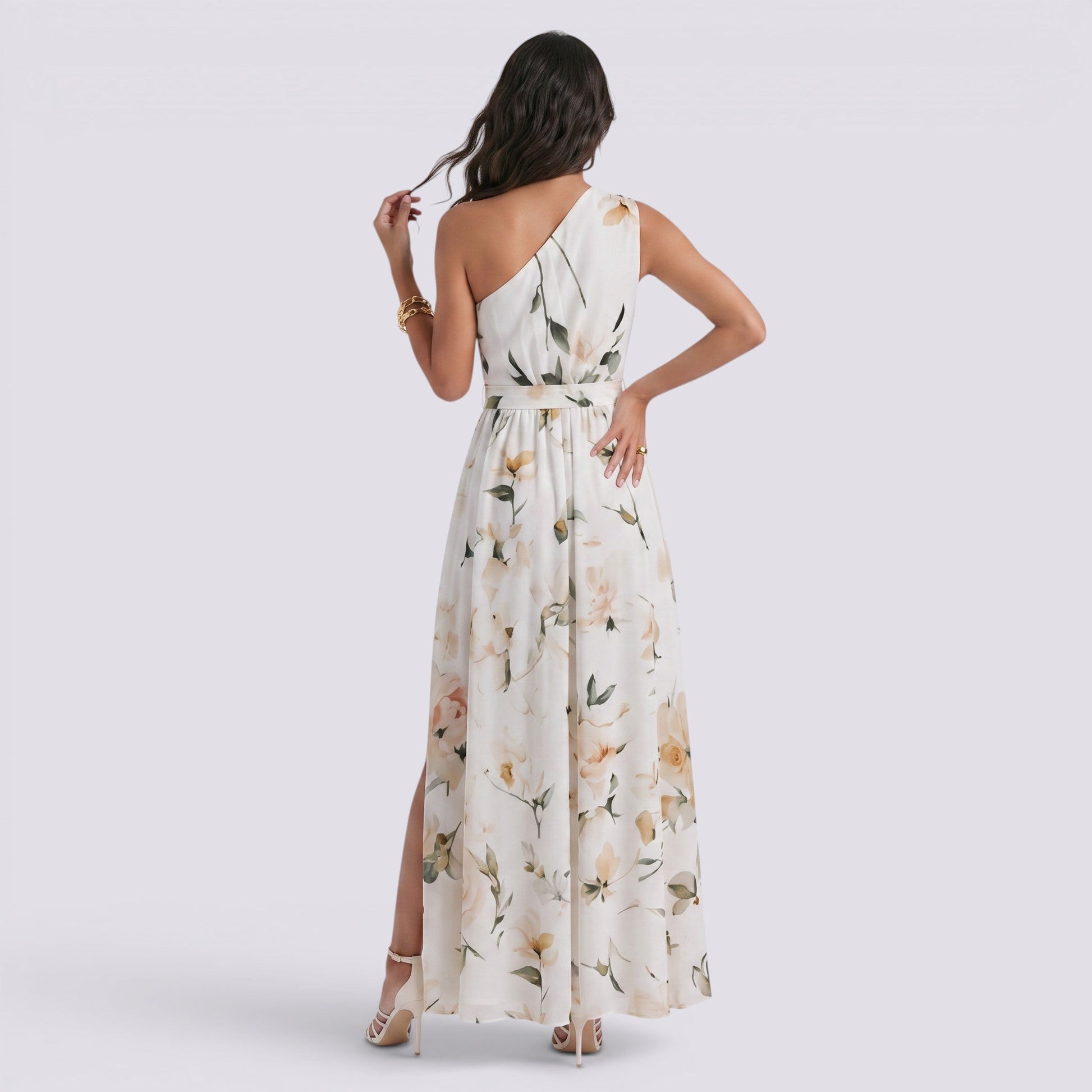 Abito Lungo Donna Smanicato Stampato Scollo Asimmetrico