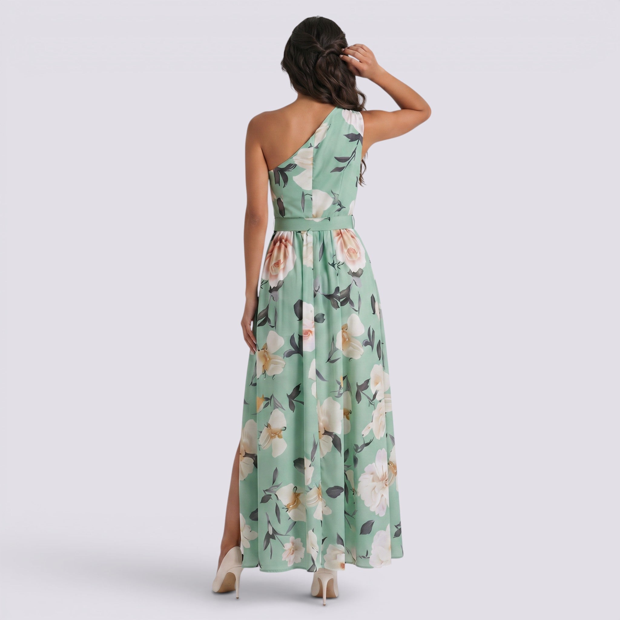 Abito Lungo Donna Smanicato Stampato Scollo Asimmetrico