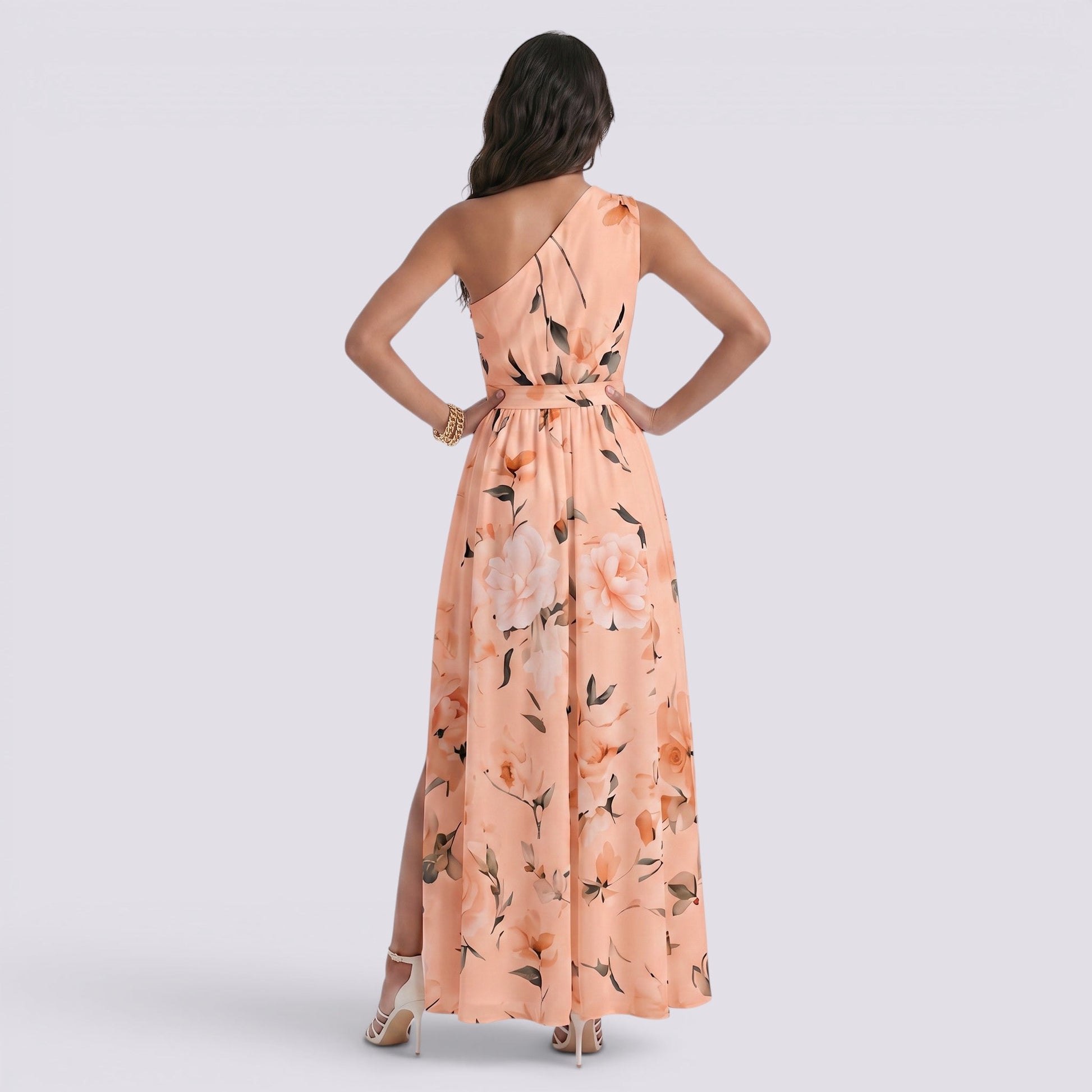 Abito Lungo Donna Smanicato Stampato Scollo Asimmetrico
