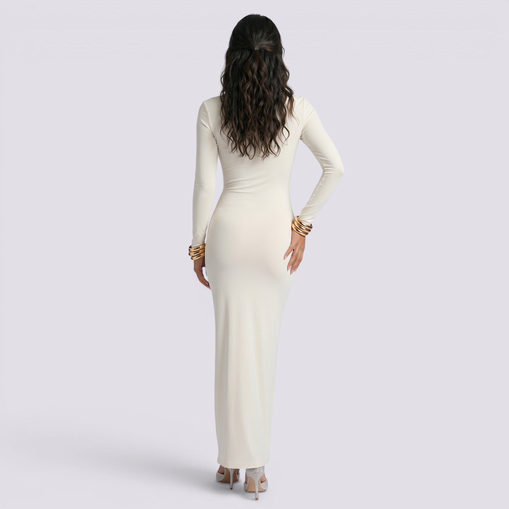 Abito Lungo Donna Aderente Cut Out Elegante Tinta Unita